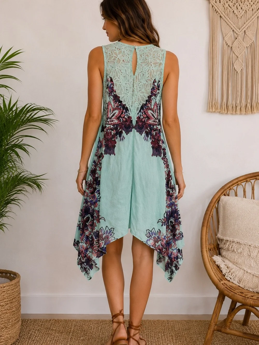 Intimately Free People Mint Floral Lace Handkerchief Hem Tunic Dress